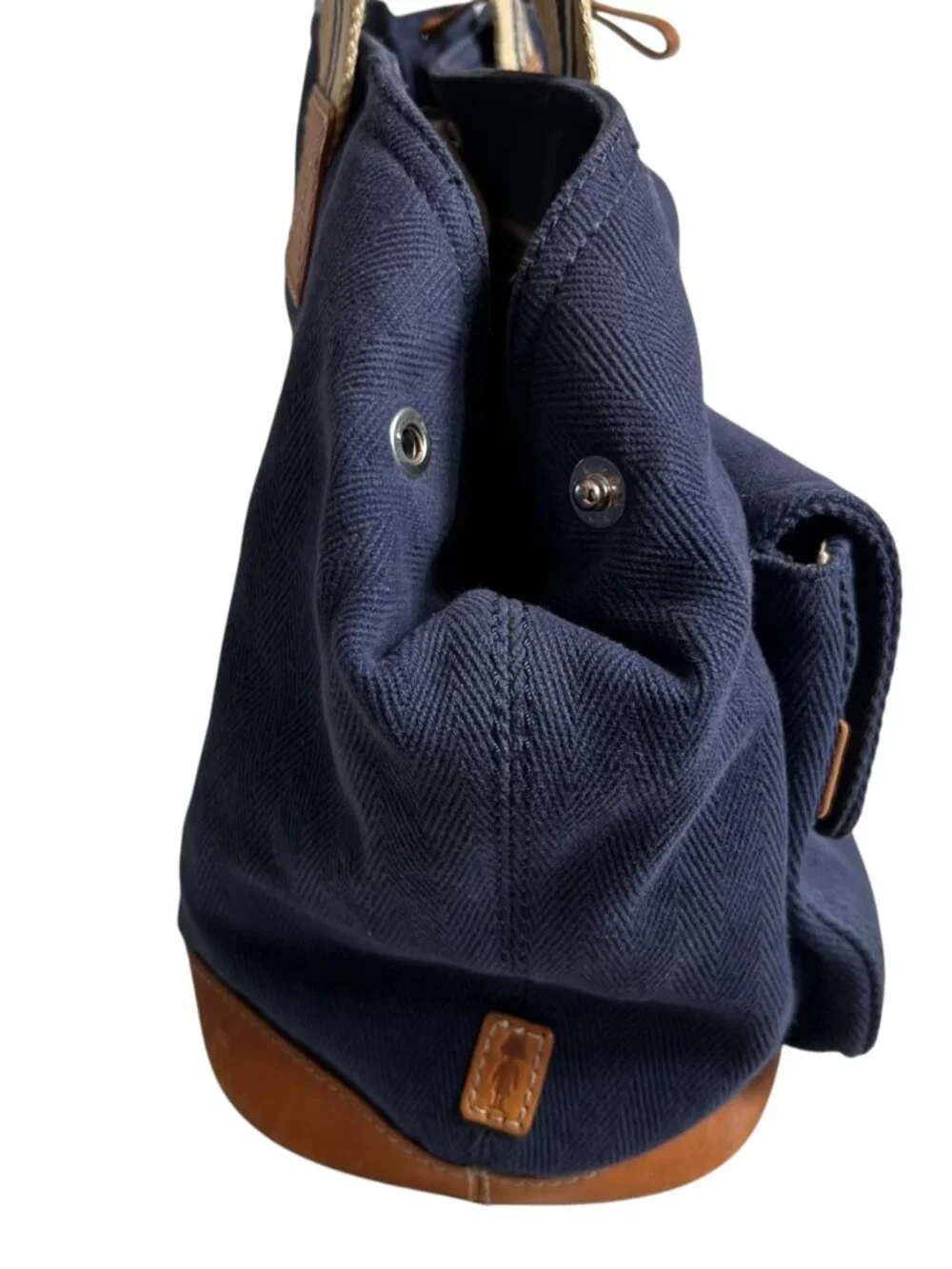 Pottery Barn Kids tote bag diaper navy blue canvas brown leather